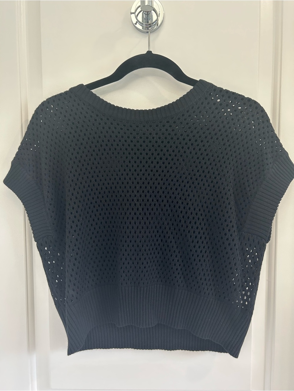 Black Knit Openwork Short-Sleeve Sweater Top